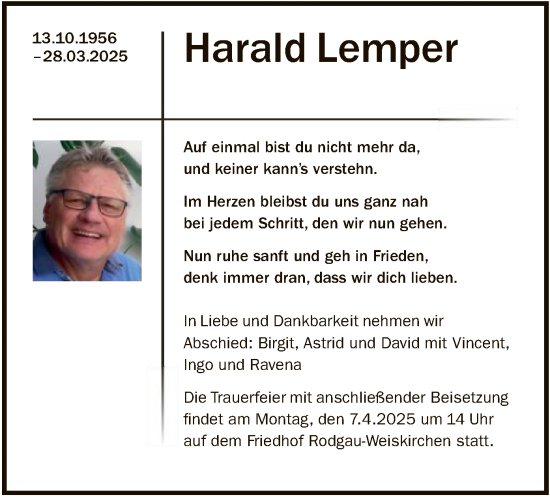 Todesanzeige von Harald Lemper von OF