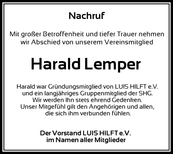 Todesanzeige von Harald Lemper von OF
