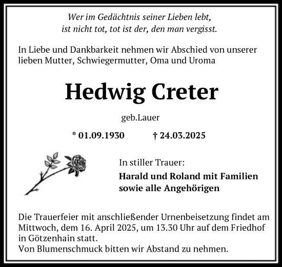Todesanzeige von Hedwig Creter von OF