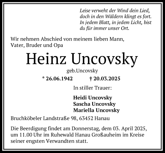 Todesanzeige von Heinz Uncovsky von OF
