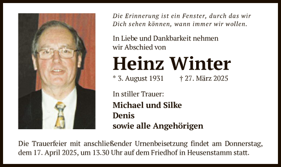 Todesanzeige von Heinz Winter von OF