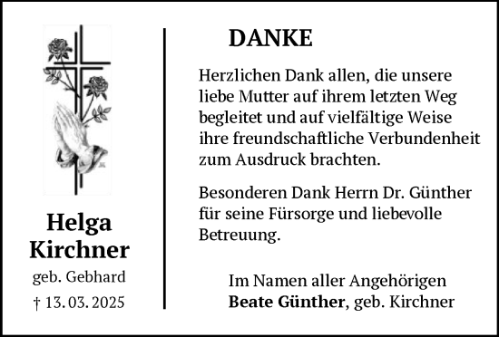 Todesanzeige von Helga Kirchner von OF