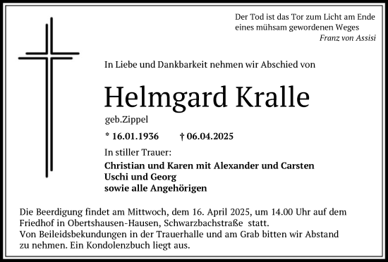 Todesanzeige von Helmgard Kralle von OF