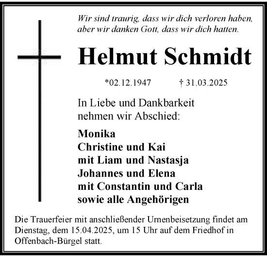 Todesanzeige von Helmut Schmidt von OF