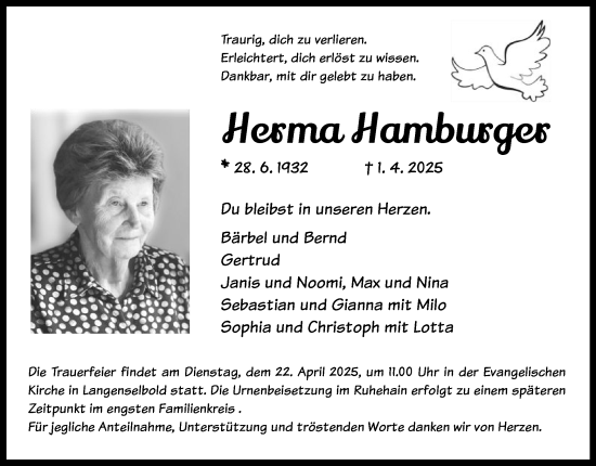 Todesanzeige von Herma Hamburger von OF