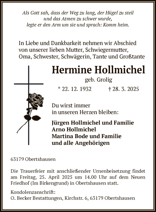 Todesanzeige von Hermine Hollmichel von OF