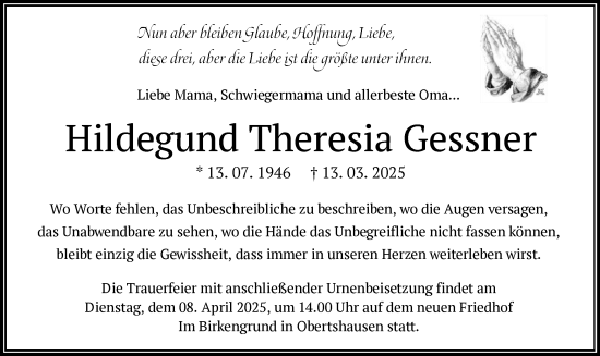 Todesanzeige von Hildegund Theresia Gessner von OF
