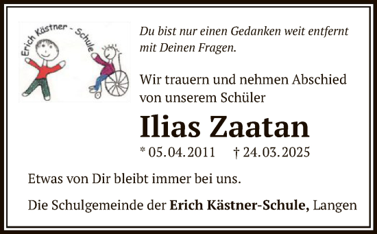 Todesanzeige von Ilias Zaatan von OF