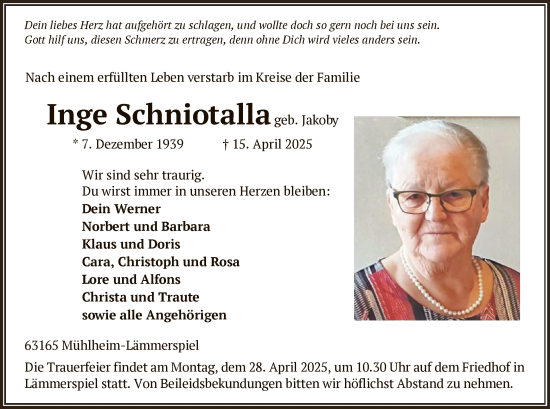 Todesanzeige von Inge Schniotalla von OF