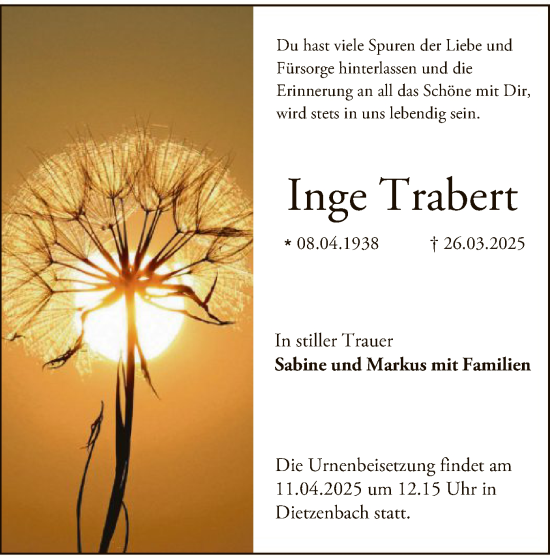 Todesanzeige von Inge Trabert von OF