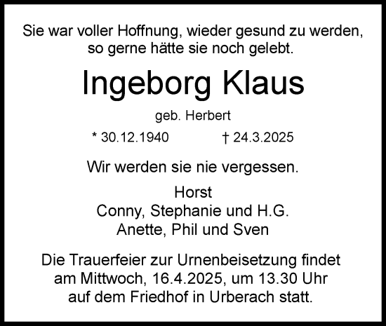 Todesanzeige von Ingeborg Klaus von OF