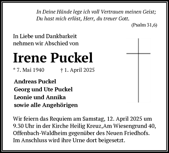 Todesanzeige von Irene Puckel von OF
