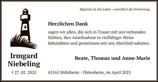 Todesanzeige von Irmgard Niebeling von OF