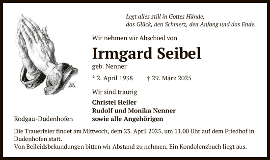 Todesanzeige von Irmgard Seibel von OF