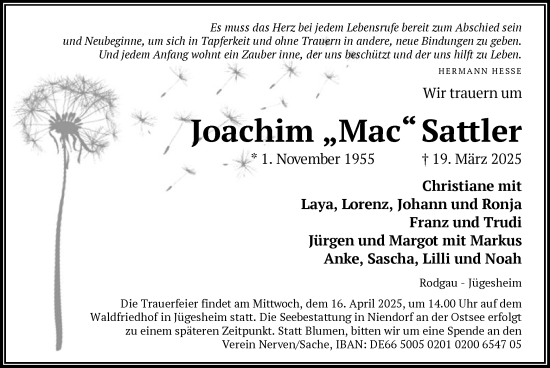 Todesanzeige von Joachim Sattler von OF