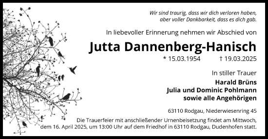 Todesanzeige von Jutta Dannenberg-Hanisch von OF