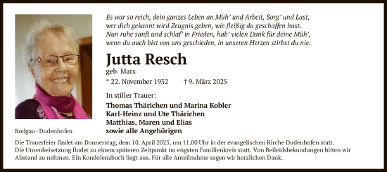 Todesanzeige von Jutta Resch von OF
