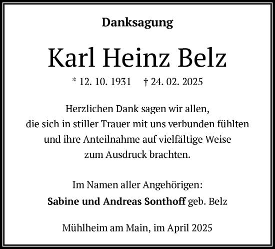 Todesanzeige von Karl Heinz Belz von OF