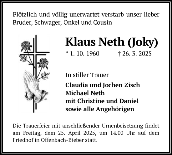 Todesanzeige von Klaus Neth von OF