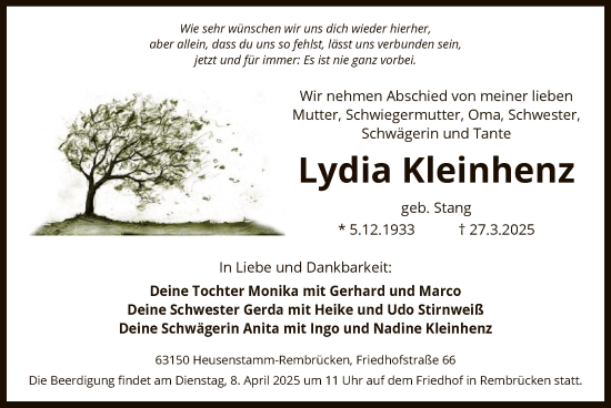 Todesanzeige von Lydia Kleinhenz von OF