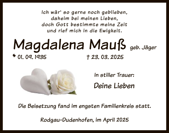 Todesanzeige von Magdalena Mauß von OF