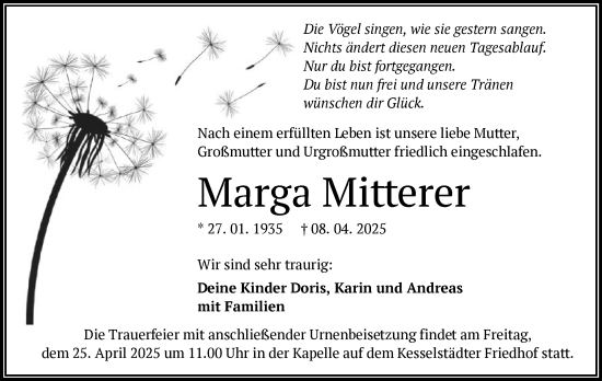 Todesanzeige von Marga Mitterer von OF