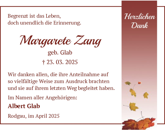 Todesanzeige von Margarete Zang von OF