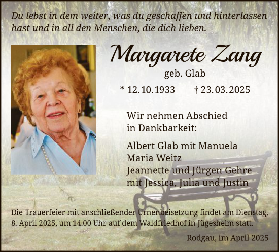 Todesanzeige von Margarete Zang von OF