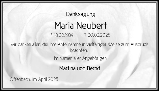 Todesanzeige von Maria Neubert von OF