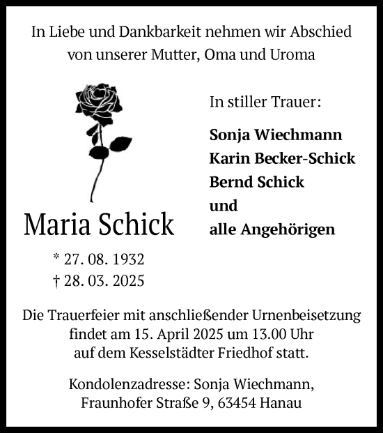 Todesanzeige von Maria Schick von OF