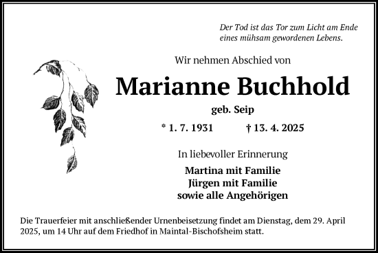 Todesanzeige von Marianne Buchhold von OF