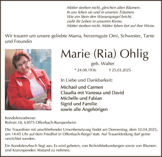 Todesanzeige von Marie Ohlig von OF