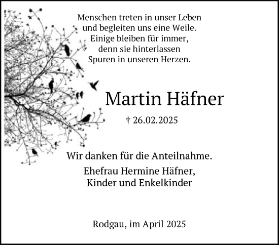 Todesanzeige von Martin Häfner von OF