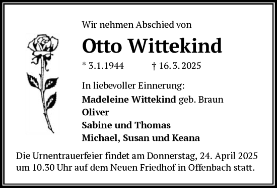 Todesanzeige von Otto Wittekind von OF