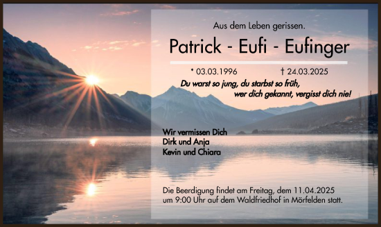 Todesanzeige von Patrick Eufinger von OF