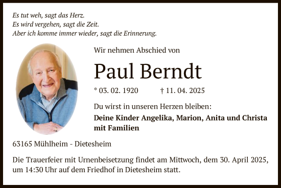 Todesanzeige von Paul Berndt von OF