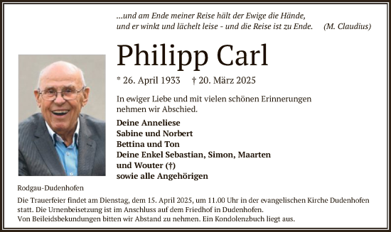 Todesanzeige von Philipp Carl von OF