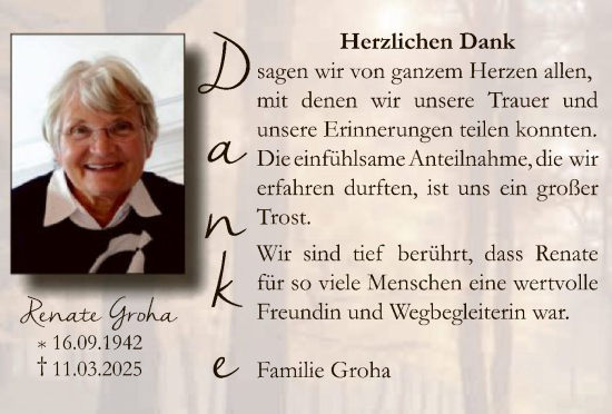 Todesanzeige von Renate Groha von OF