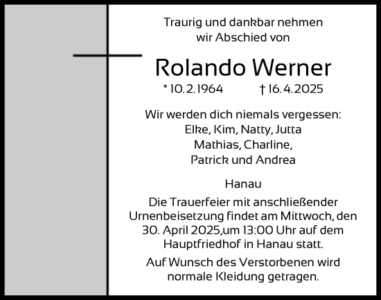 Todesanzeige von Rolando Werner von OF