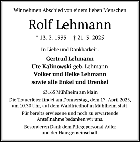 Todesanzeige von Rolf Lehmann von OF