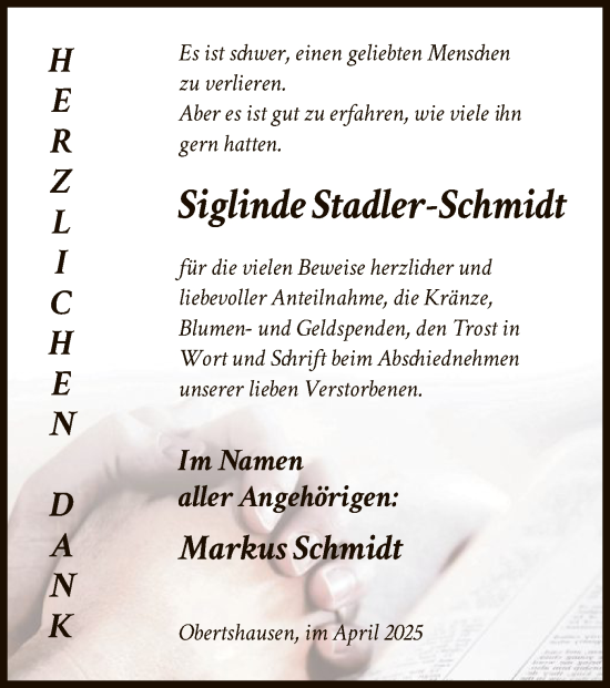 Todesanzeige von Siglinde Stadler-Schmidt von OF