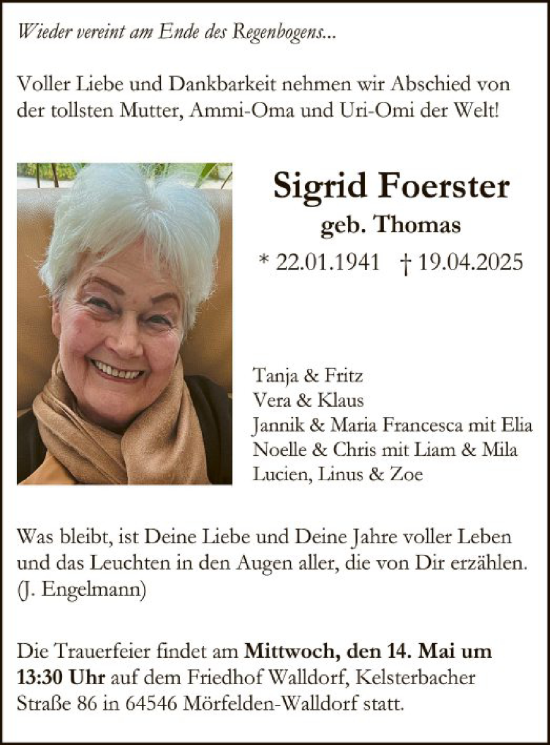 Todesanzeige von Sigrid Foerster von OF