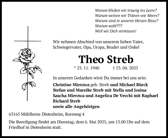 Todesanzeige von Theo Streb von OF