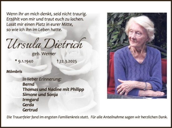 Todesanzeige von Ursula Dietrich von OF