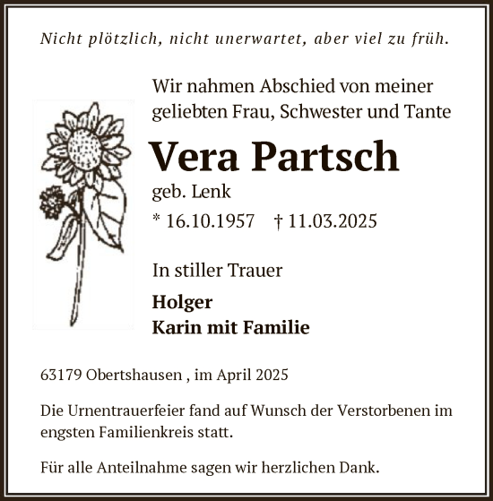 Todesanzeige von Vera Partsch von OF