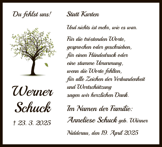 Todesanzeige von Werner Schuck von OF