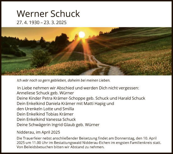 Todesanzeige von Werner Schuck von OF