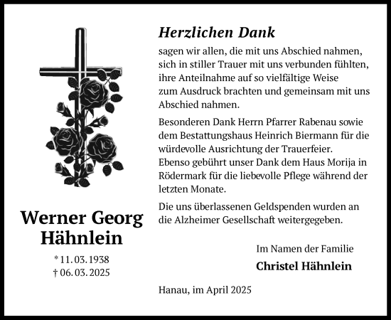 Todesanzeige von Werner Georg Hähnlein von OF