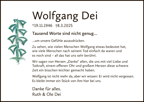 Todesanzeige von Wolfgang Dei von OF