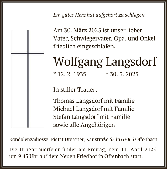 Todesanzeige von Wolfgang Langsdorf von OF